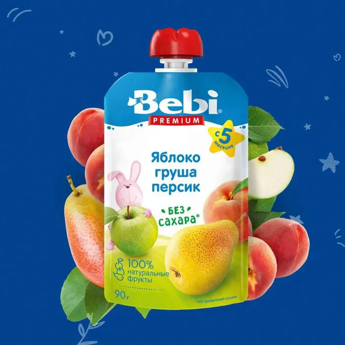 Пюре Bebi Premium яблоко-груша-персик (5+мес), 90г