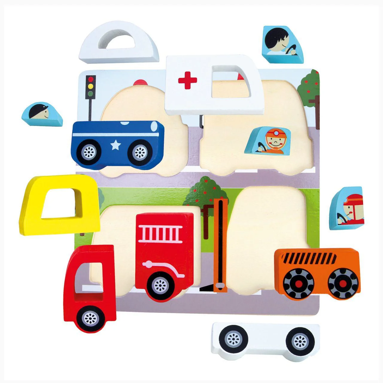 Puzzle educativ din lemn, Vehicule de salvare, 18x18x1,5 cm, 13 piese