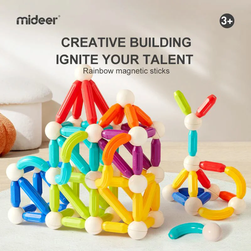Set de constructie magnetic Mideer Cilindri in culori de curcubeu, 100 piese