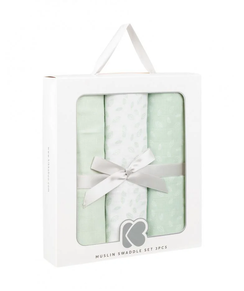 Pelinci de muselina KikkaBoo Swaddle Leaves Mint, 100x100 cm, 3 buc.