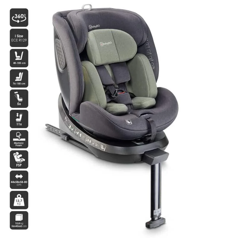 Scaun auto rotativ cu isofix BabyGo MOVE 360 Green, 40-150 cm, certificat R129