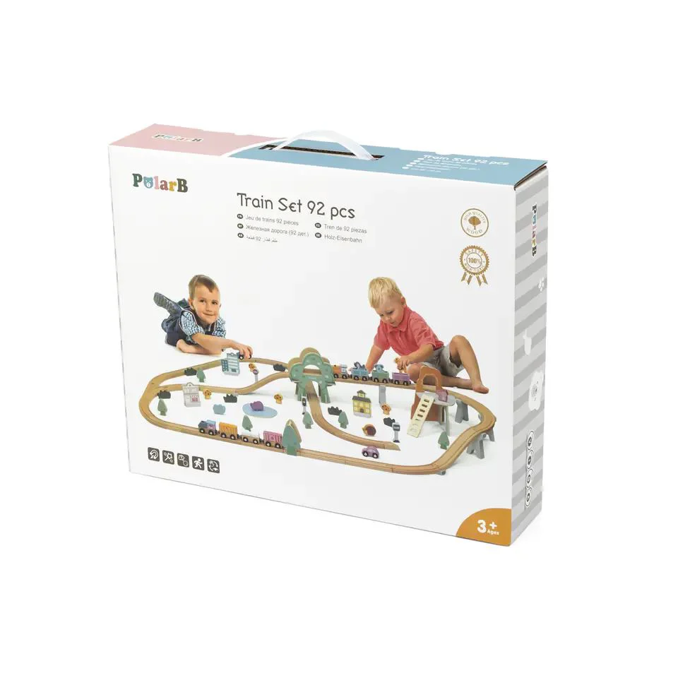 Calea ferata din lemn cu tren si accesorii Viga Toys, 90 piese