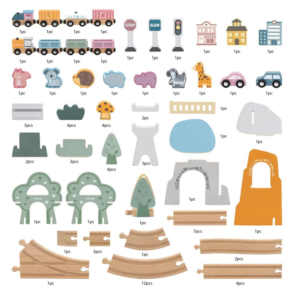 Calea ferata din lemn cu tren si accesorii Viga Toys, 90 piese