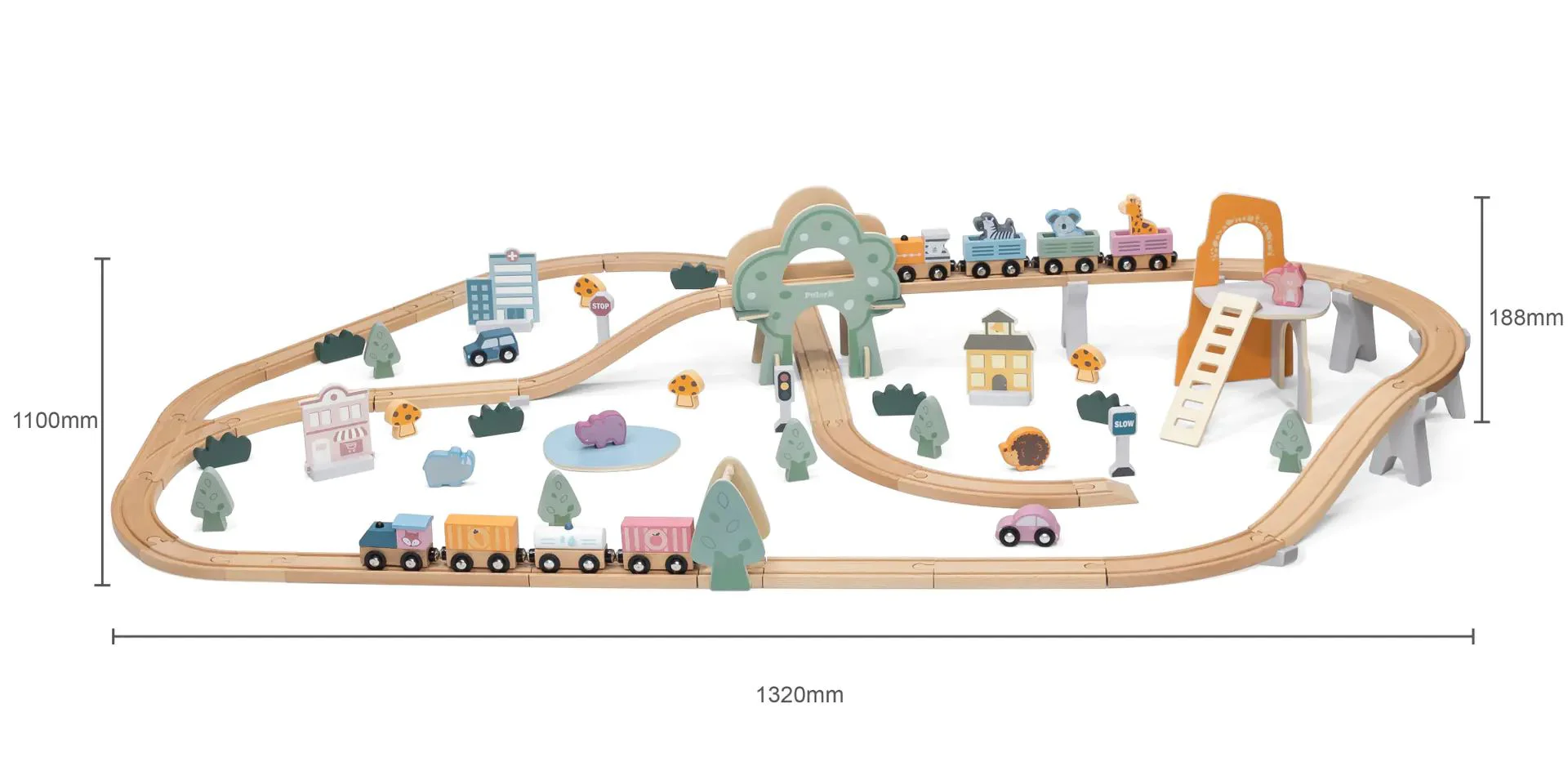 Calea ferata din lemn cu tren si accesorii Viga Toys, 90 piese