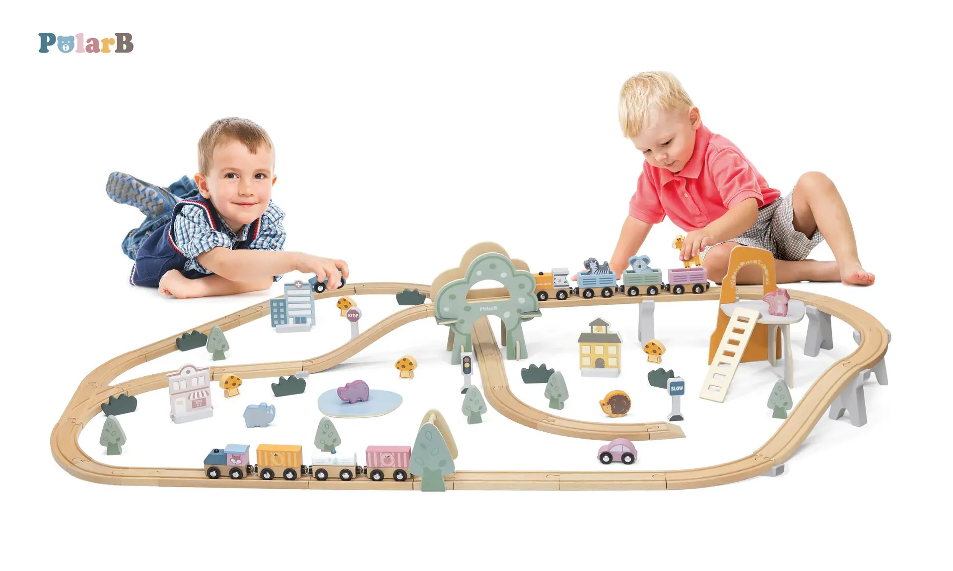 Calea ferata din lemn cu tren si accesorii Viga Toys, 90 piese
