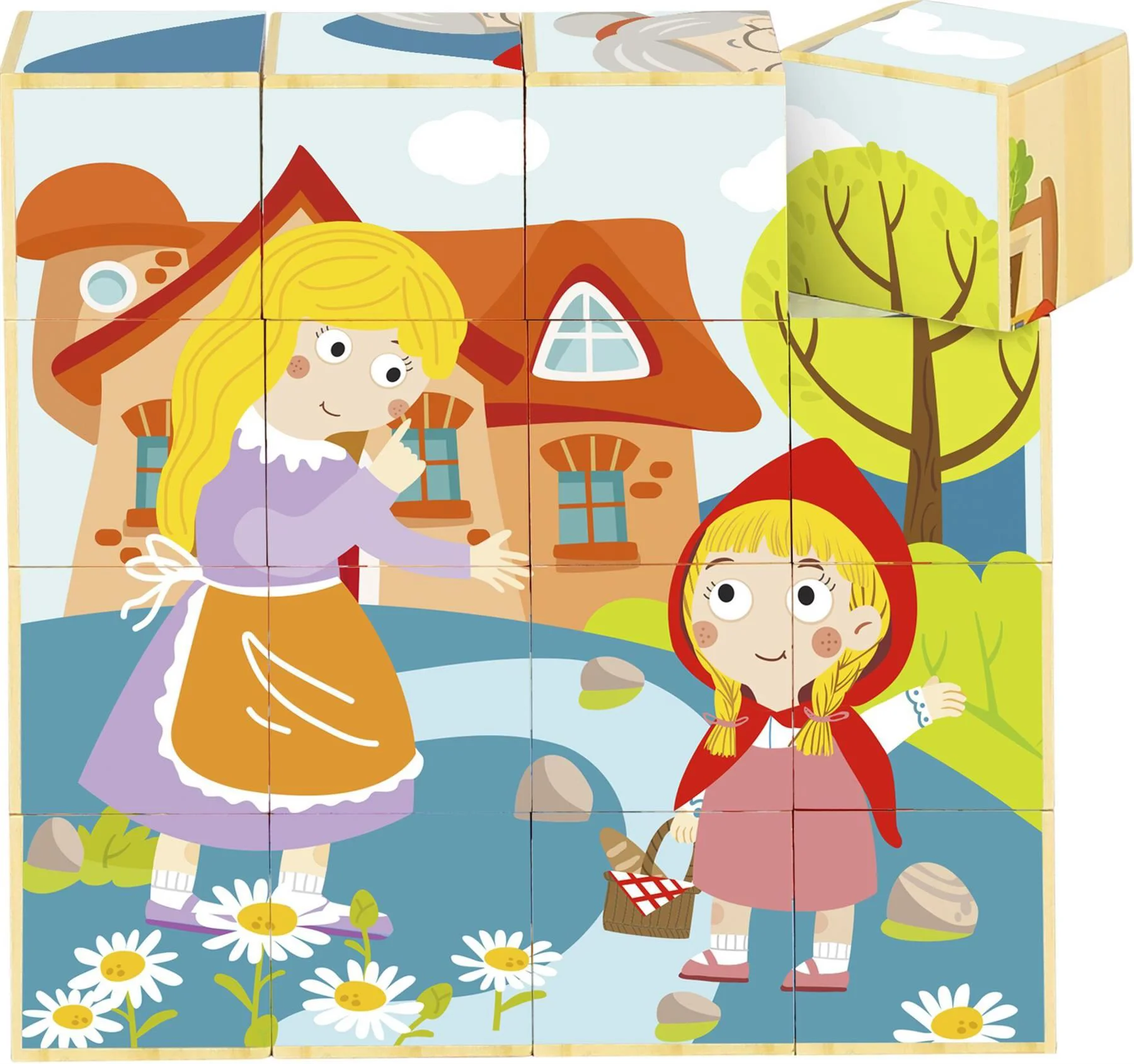 Cuburi-puzzle din lemn Tooky Toy "Scufita Rosie"