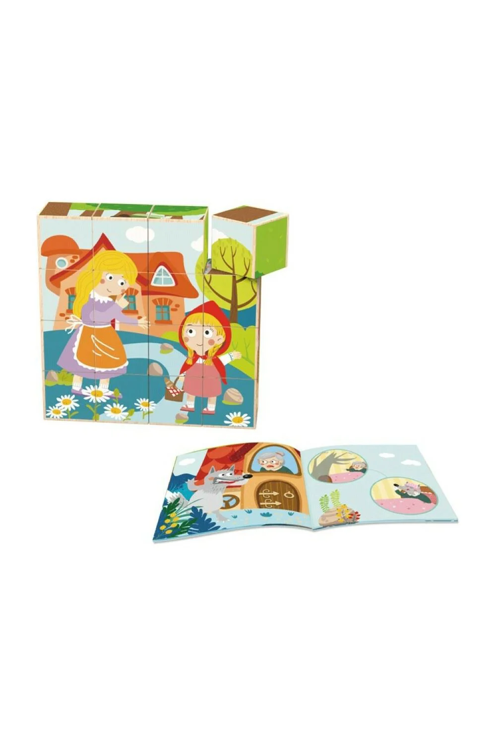 Cuburi-puzzle din lemn Tooky Toy "Scufita Rosie"