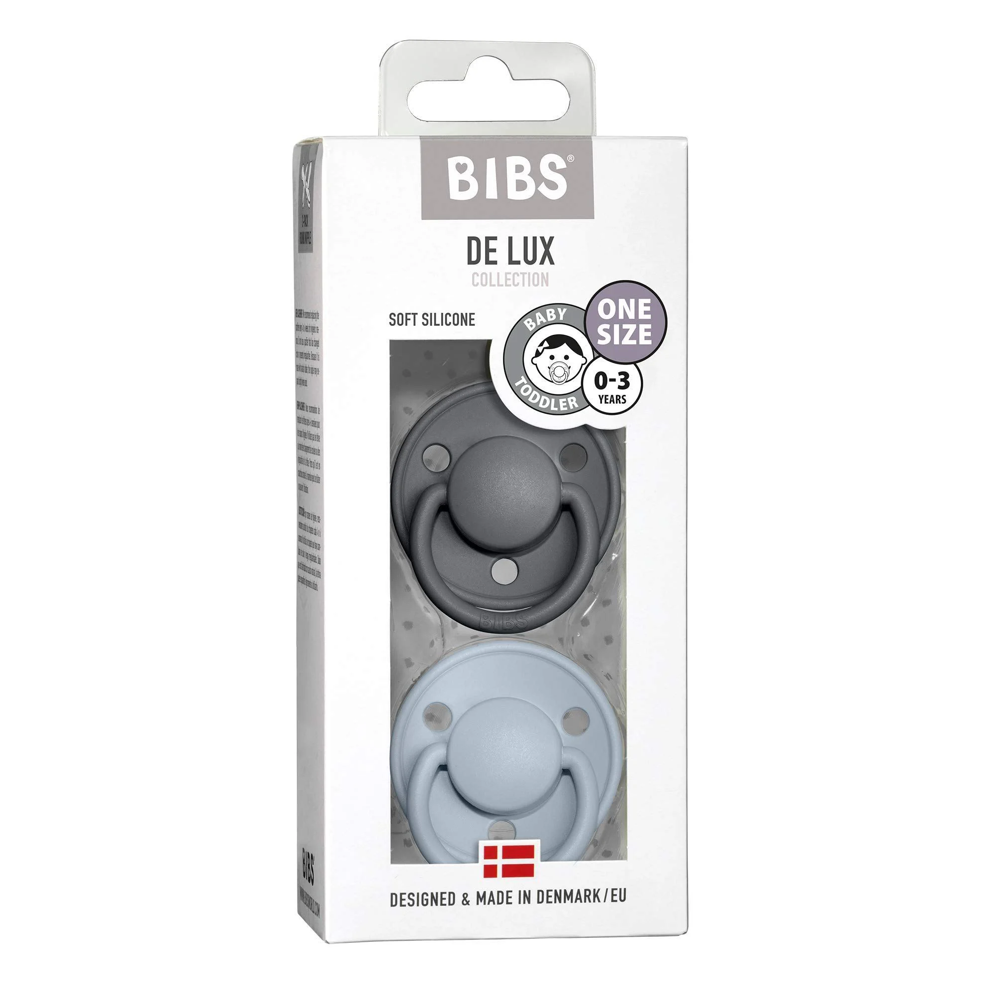 Set 2 suzete rotunde din silicon BIBS De lux Iron/Baby Blue (0-36 luni)