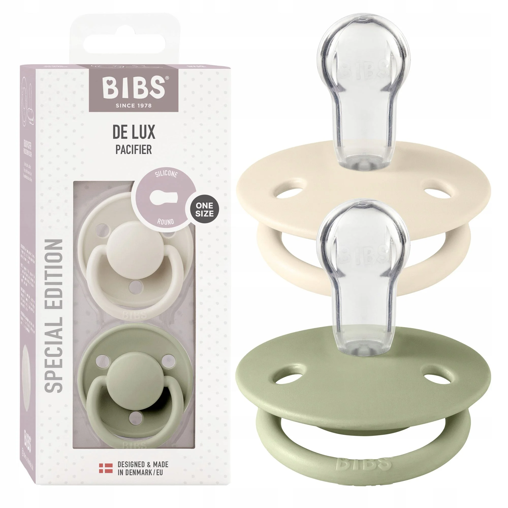 Набор из 2-х круглых силиконовых пустышек BIBS De Lux Ivory/Sage (0-36 мес.) foto