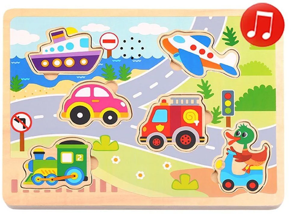 Puzzle din lemn Tooky Toy Automobile muzicale