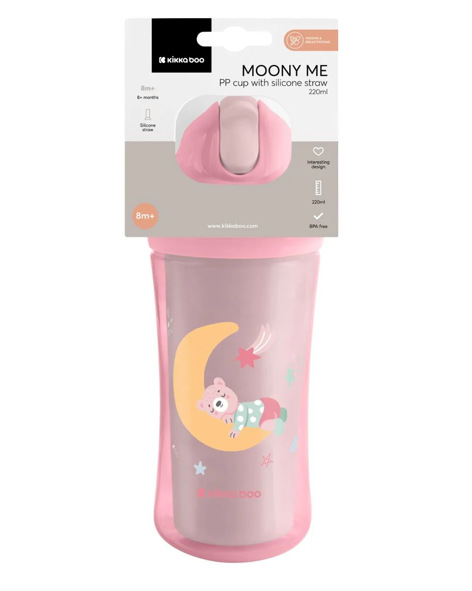 Cana cu pai KikkaBoo Moony me Pink, 220 ml