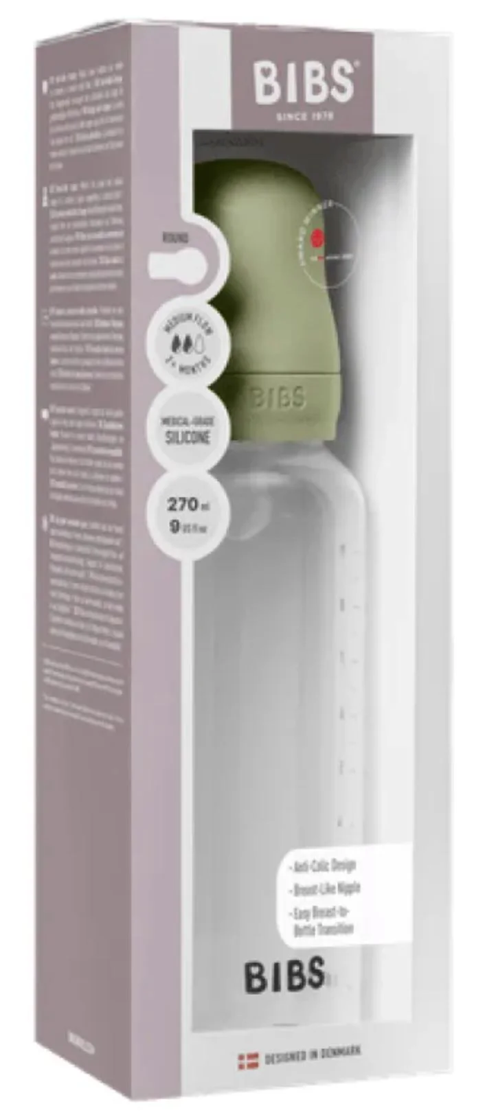 Biberon din plastic anticolici BIBS Sage cu tetina din silicon 3+ luni, 270 ml