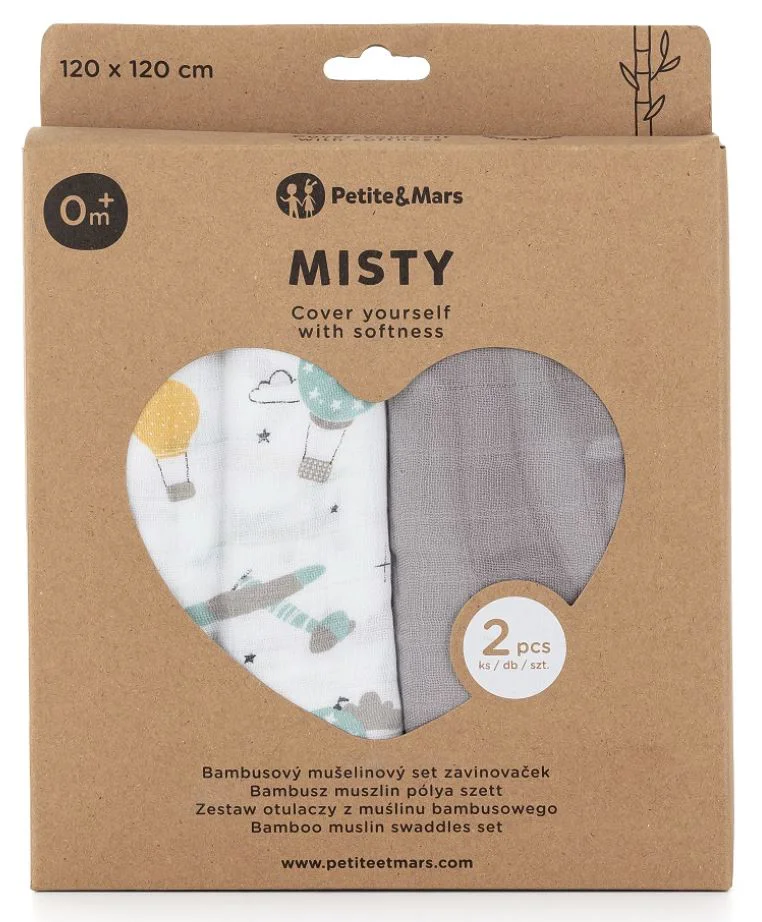 Набор из 2 бамбуковых муслиновых простыней Petite&Mars Misty Grey Planes, 120x120 см