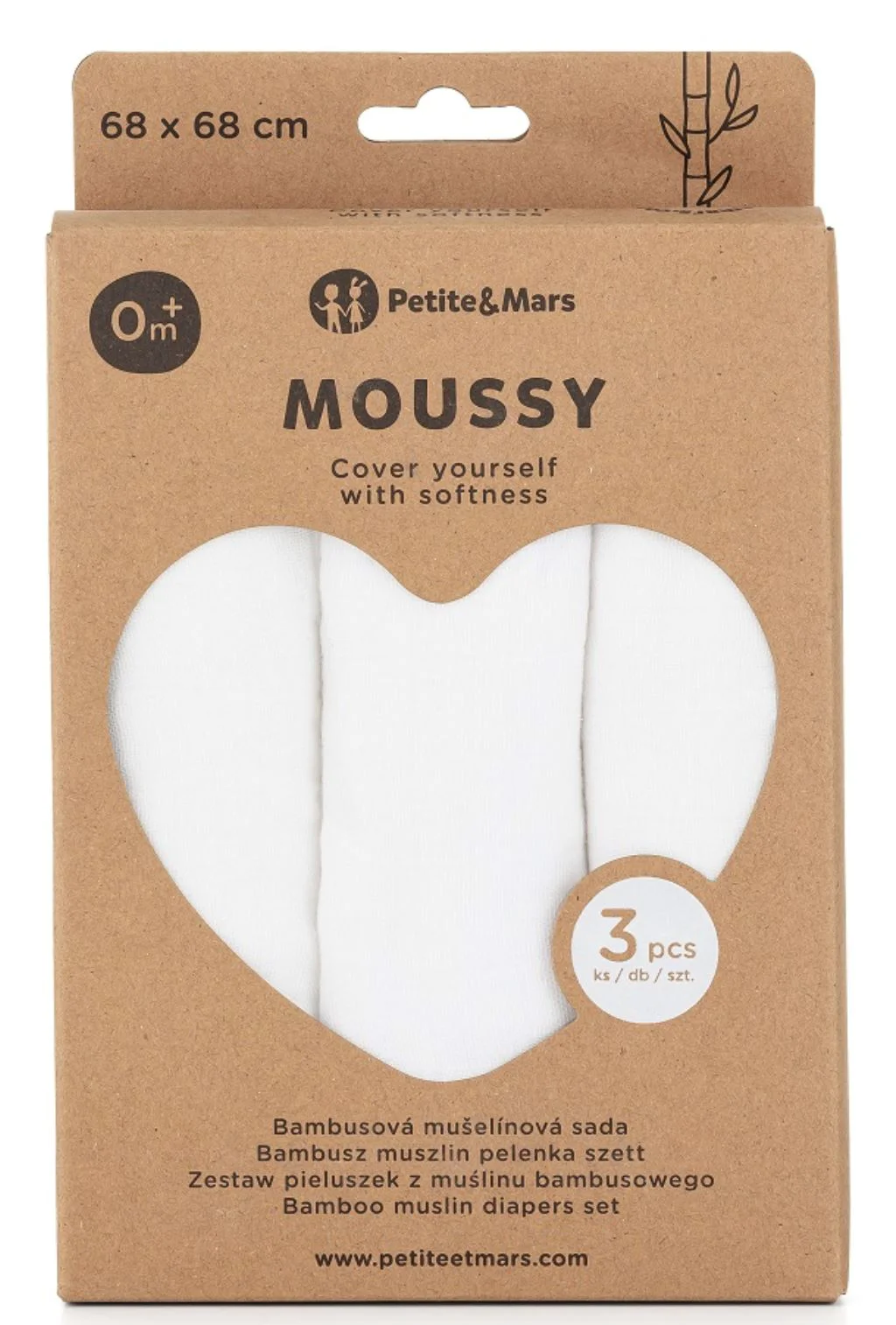 Набор из 3 муслиновых пеленок Petite&Mars Moussy Total White, 68x68 см
