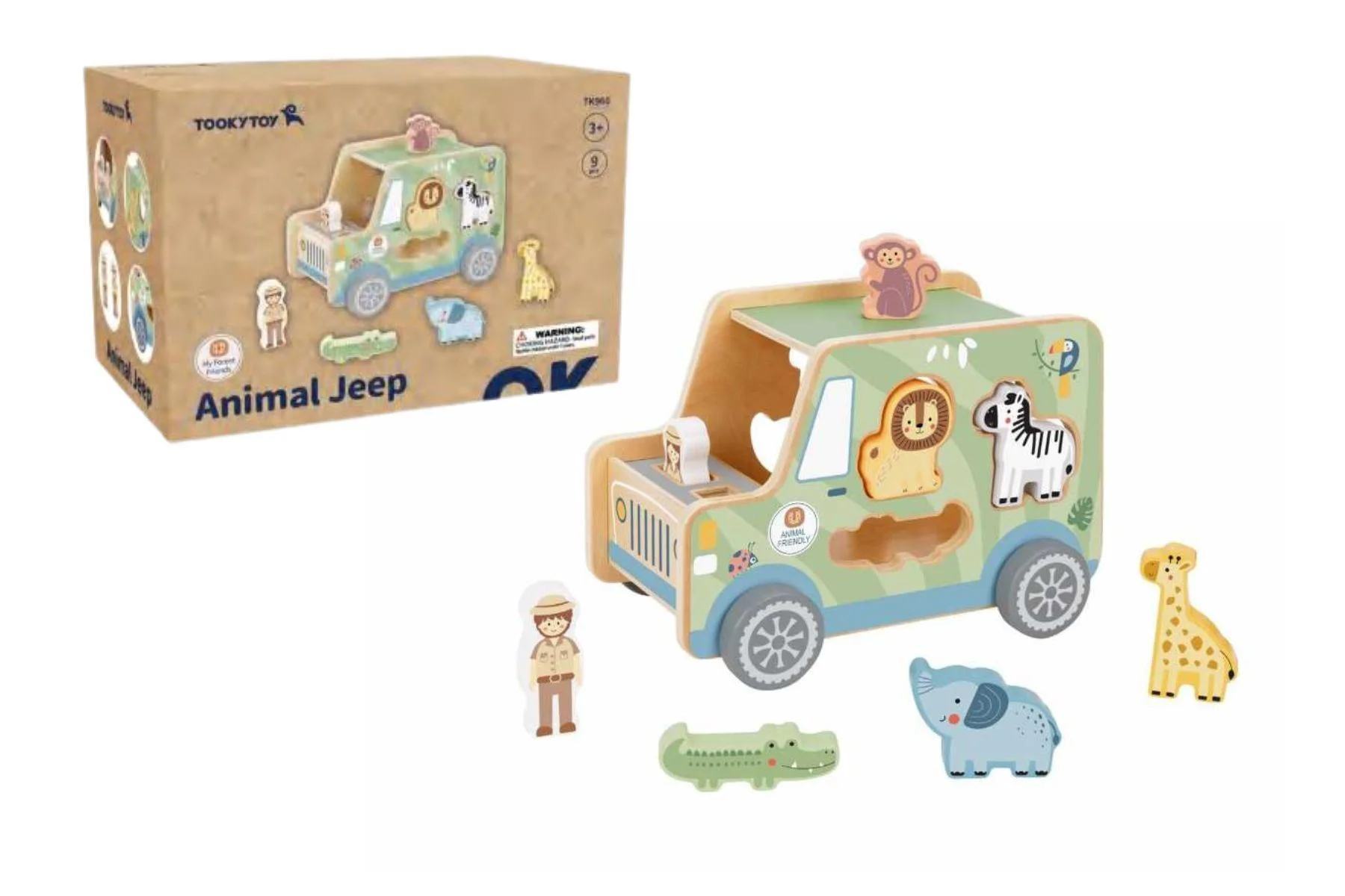 Sorter din lemn Tooky Toy Jeep cu animale, 9 el. foto