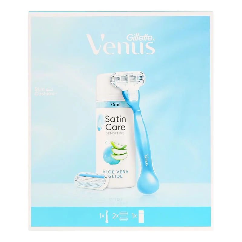 Set-cadou aparat de ras Venus Smooth + 2 rezerve + Gel de ras Gillette Satin Care Aloe Vera, 75 ml