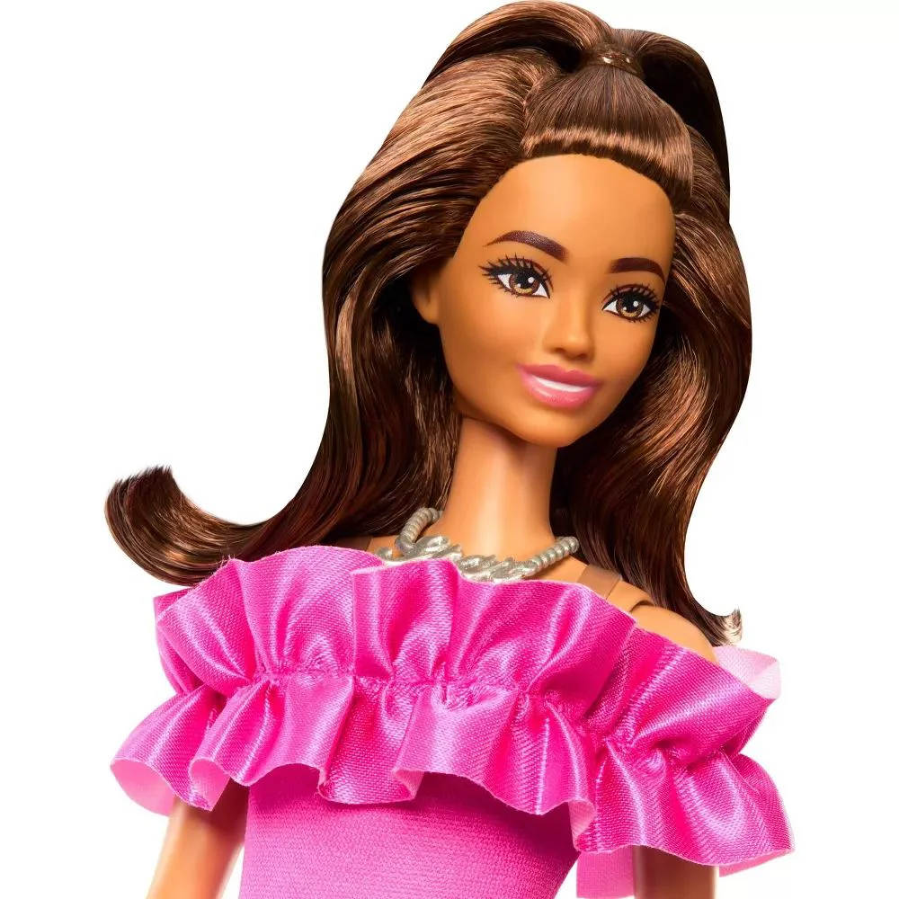 Papusa Barbie "Fashionista cu parul ondulat saten si rochie roz" foto