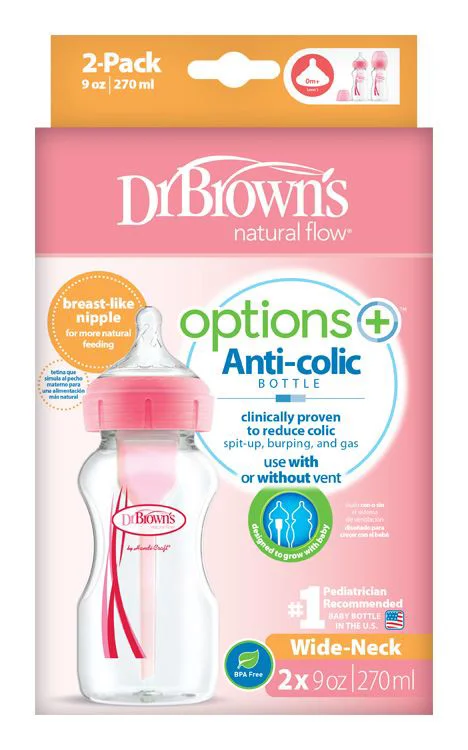 Set 2 biberoane cu gat larg Anti-colic Dr. Brown's Options+ Roz, 270 ml