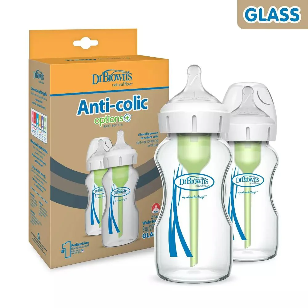 Set 2 biberoane din sticla cu gat larg Dr. Brown's Options+, 270 ml