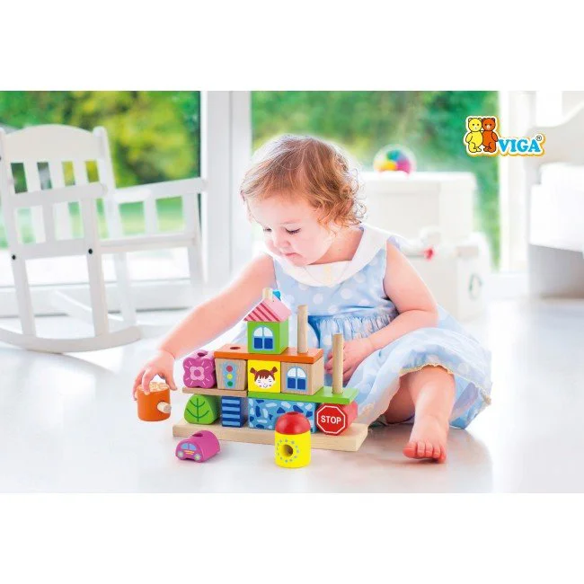 Set de constructie din lemn educativ Viga Toys Stacking Blocks City