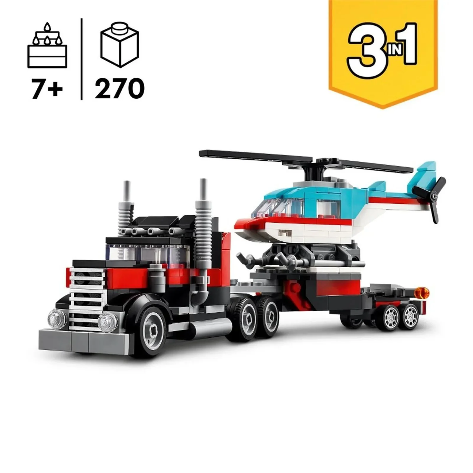 Set de constructie 3 in 1 LEGO Creator Camioneta-platforma cu elicopter, 270 el. foto