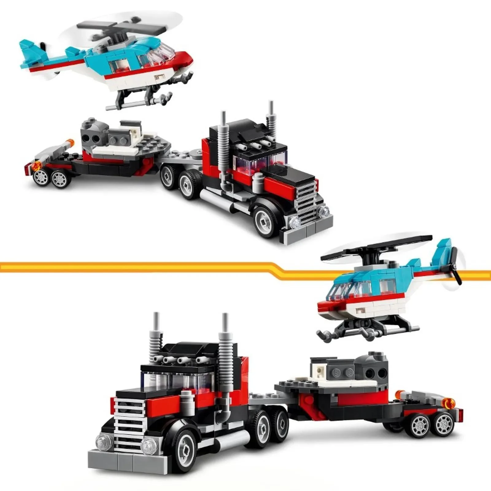 Set de constructie 3 in 1 LEGO Creator Camioneta-platforma cu elicopter, 270 el. foto