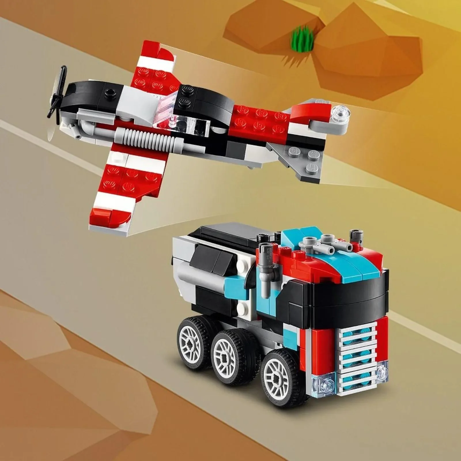 Set de constructie 3 in 1 LEGO Creator Camioneta-platforma cu elicopter, 270 el. foto