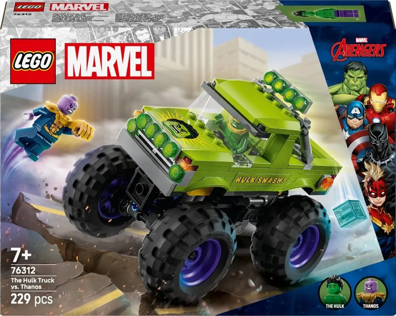 Set de constructie LEGO Marvel Hulk in vehicul de teren contra lui Thanos, 229 el. foto