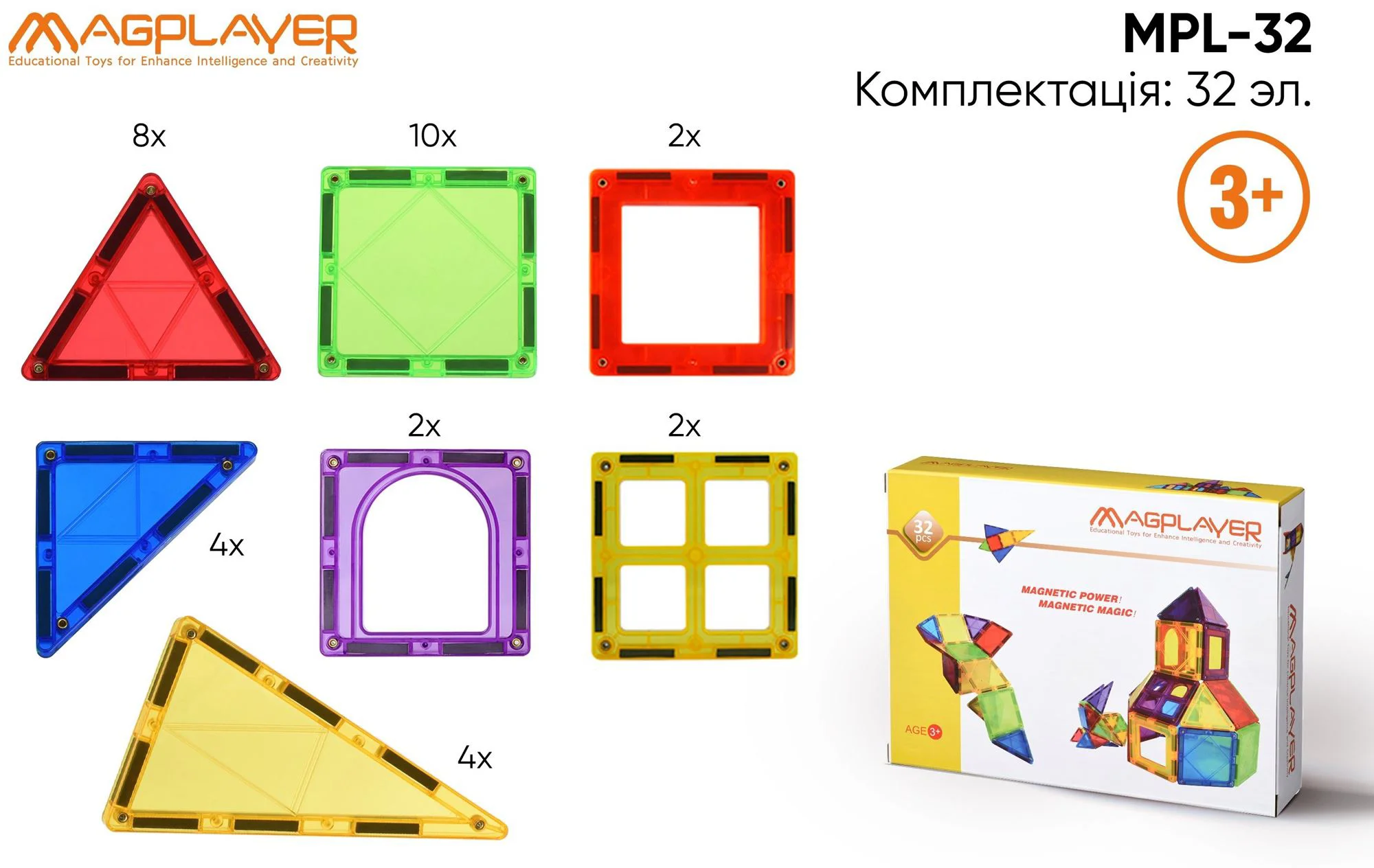 Set de constructie Magplayer placi magnetice, 32 piese