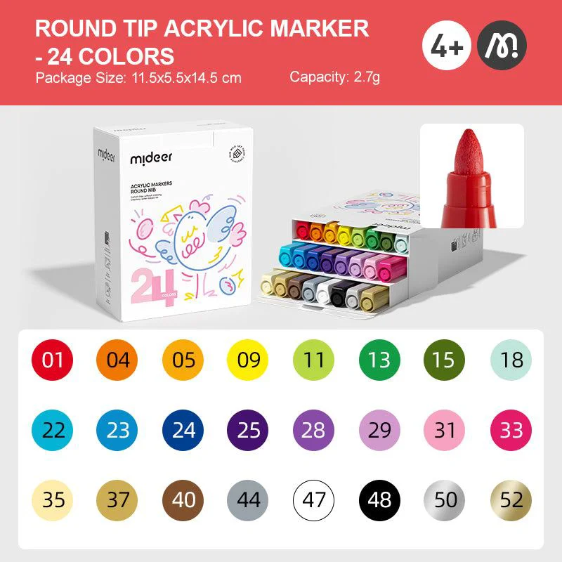 Set de markere acrilice cu varf rotund Mideer, 24 culori