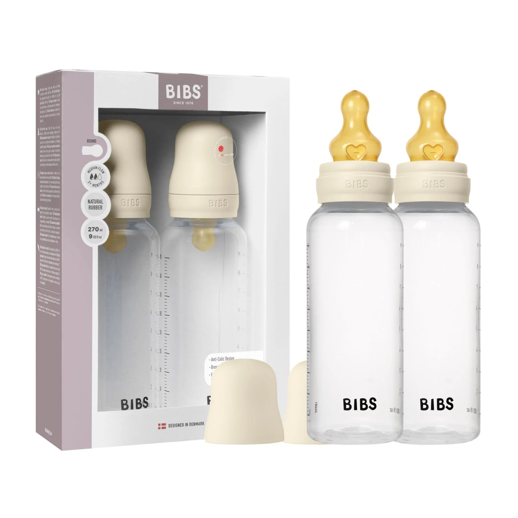 Набор из 2-х пластиковых бутылочек антиколиковых BIBS Ivory с латексной соской 3+ месяца, 2x270 мл foto