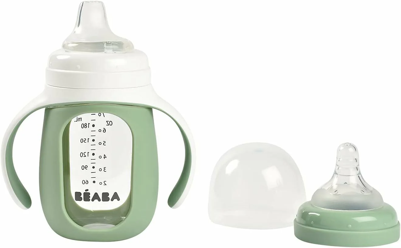 Biberon de invatare 2 in 1 din sticla Beaba Sage Green, 210 ml foto