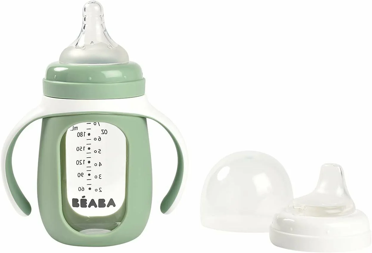 Biberon de invatare 2 in 1 din sticla Beaba Sage Green, 210 ml foto