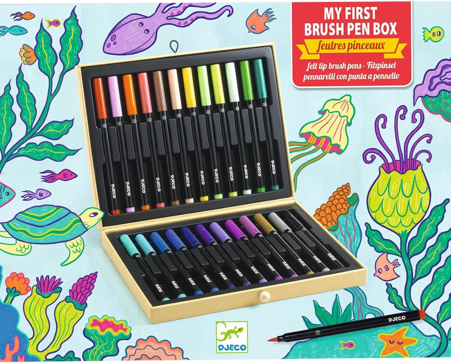 Set carioci cu varf tip pensula Djeco First Brush Pens Box, 24 culori foto