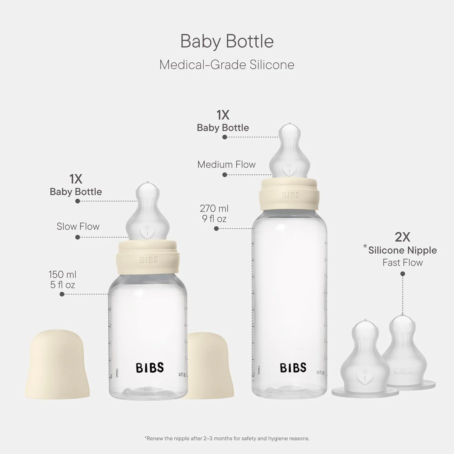 Set BIBS Grow & Flow Ivory (2 biberoane cu tetine din silicon - flux incet, mediu si rapid) foto