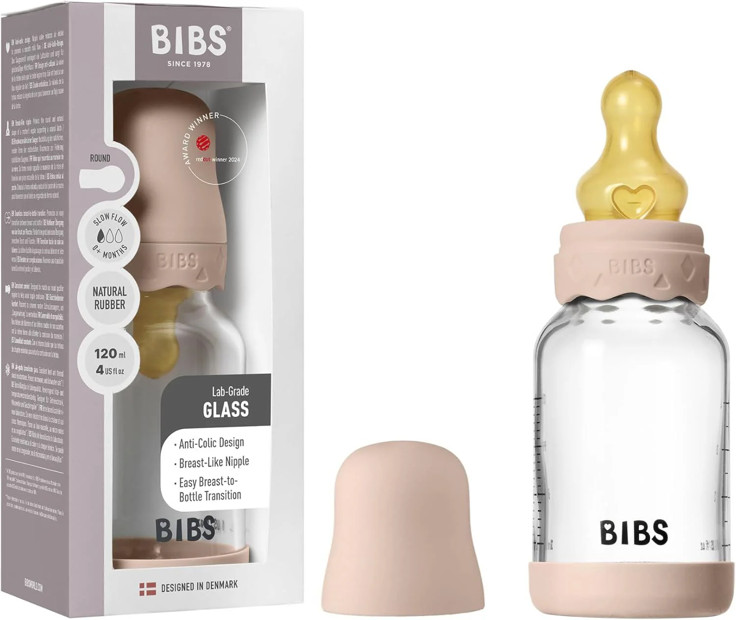 Biberon din sticla anticolici BIBS Boheme Blush cu tetina din latex 0+ luni, 120 ml foto