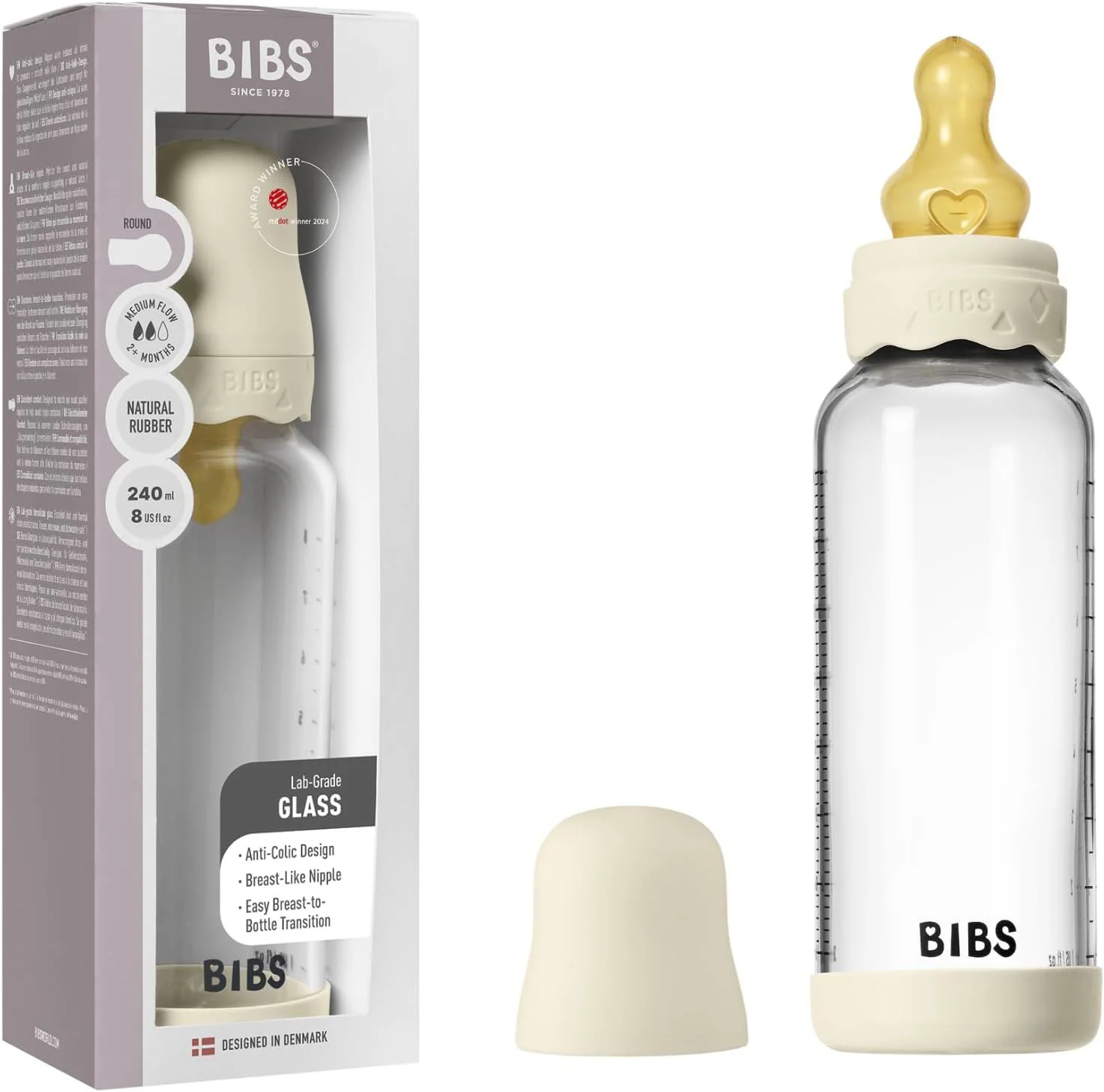 Стеклянная антиколиковая бутылочка BIBS Boheme Ivory с латексной соской 3+ месяца, 240 мл foto