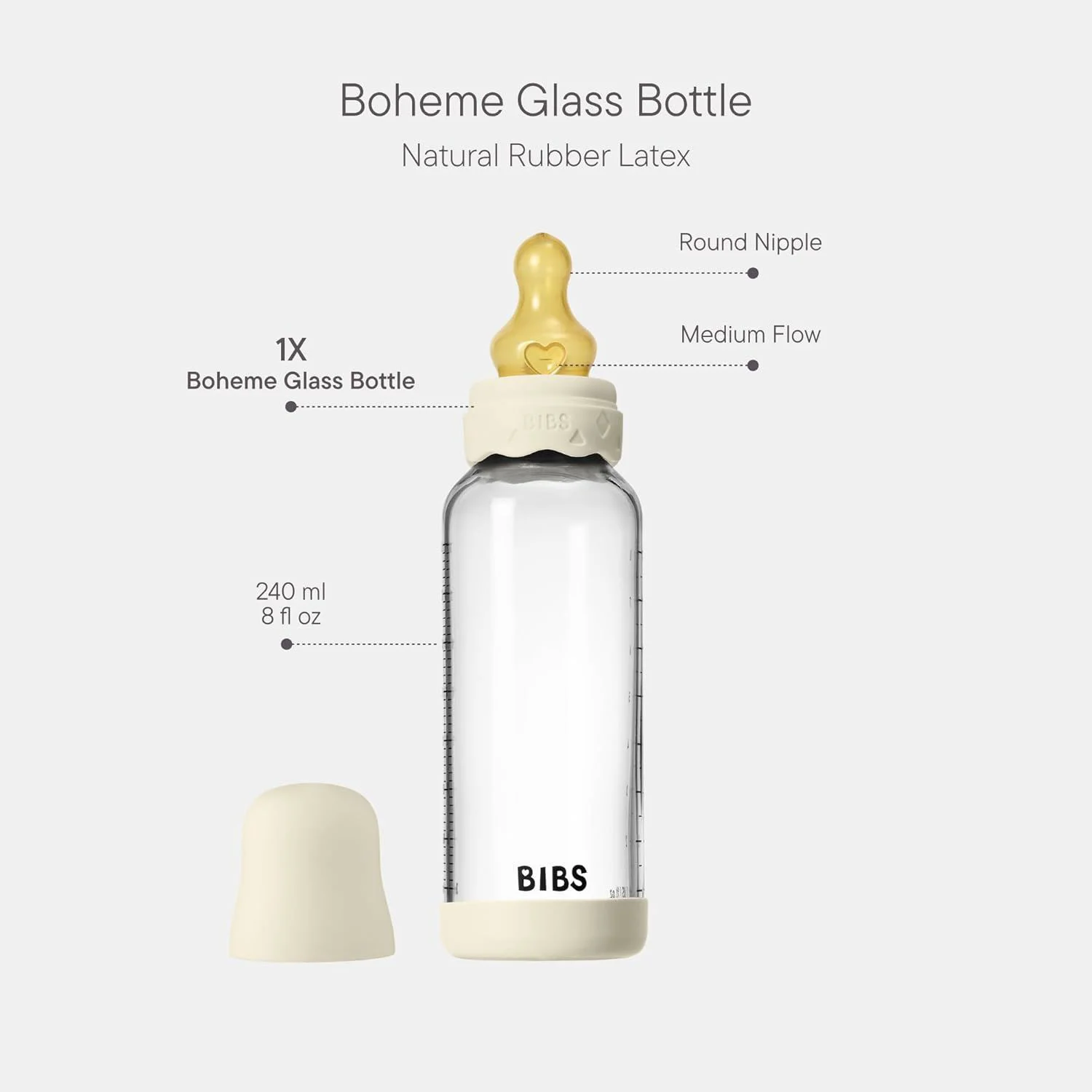 Стеклянная антиколиковая бутылочка BIBS Boheme Ivory с латексной соской 3+ месяца, 240 мл foto