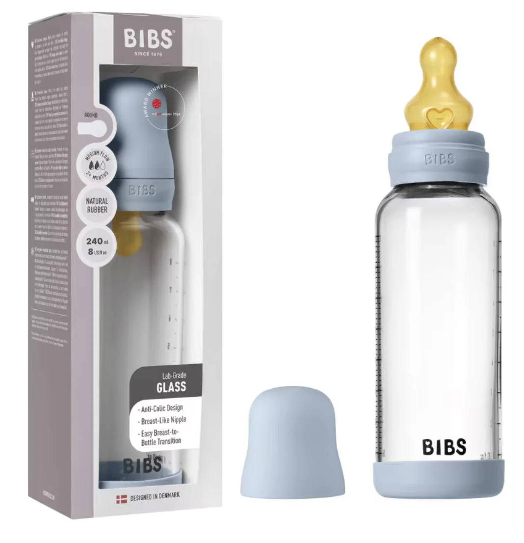 Стеклянная антиколиковая бутылочка BIBS Baby Blue с латексной соской 3+ месяца, 240 мл foto
