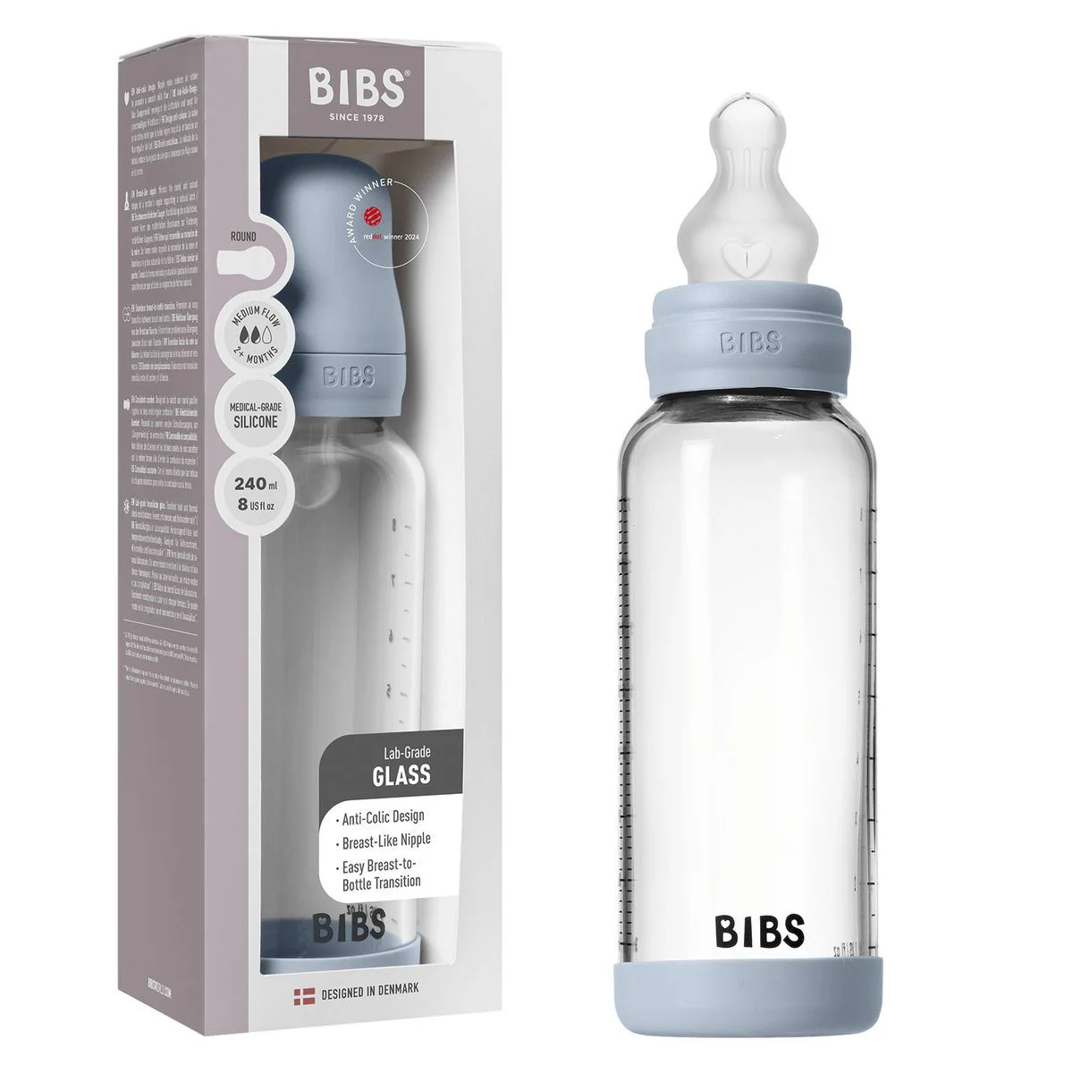 Biberon din sticla anticolici BIBS Baby Blue cu tetina din silicon 3+ luni, 240 ml foto