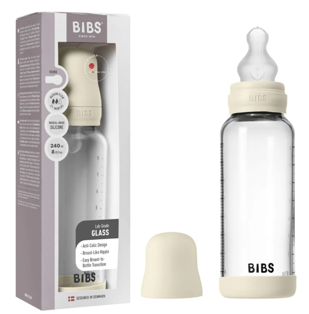 Biberon din sticla anticolici BIBS Ivory cu tetina din silicon 3+ luni, 240 ml foto