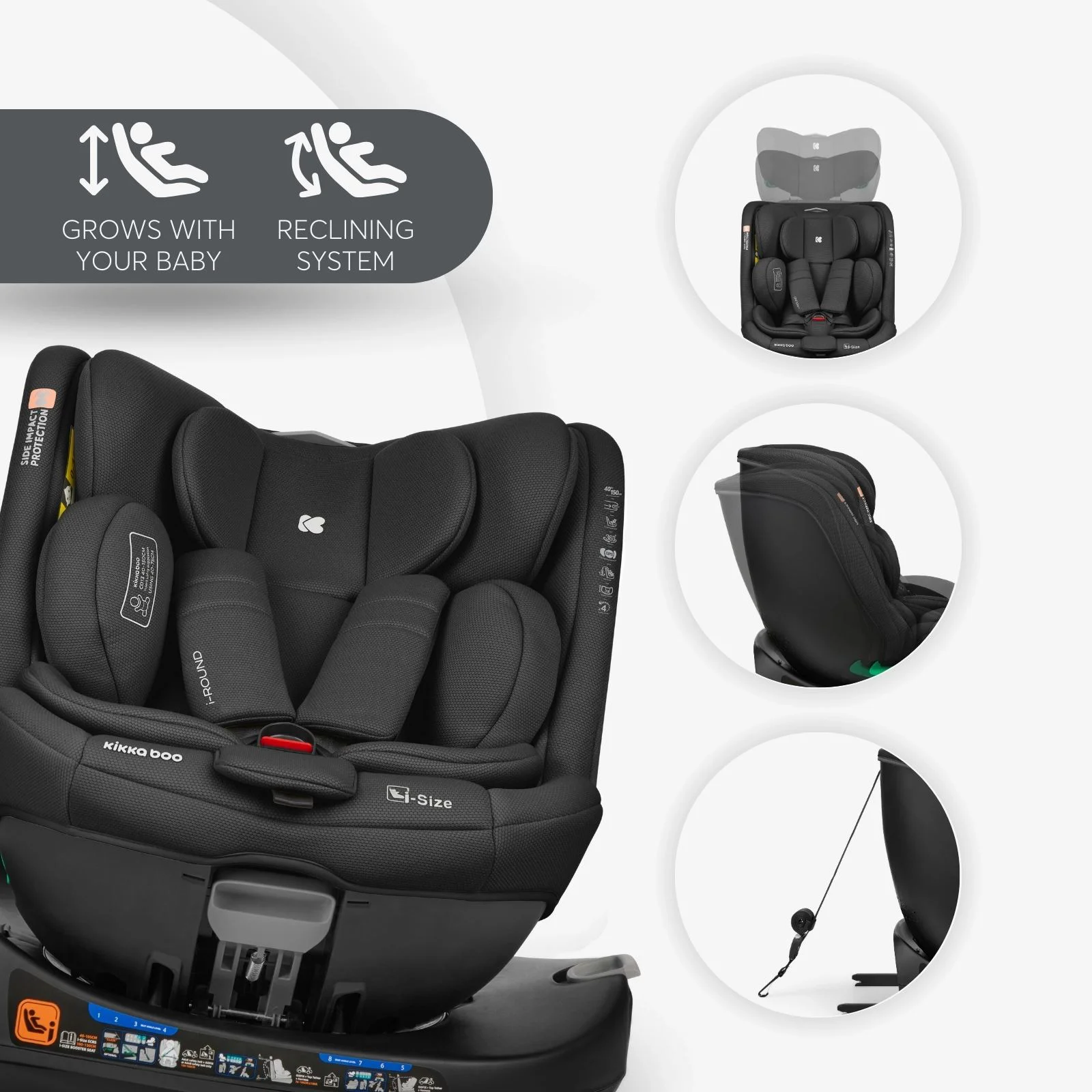 Scaun auto cu isofix i-Size KikkaBoo i-Round Black, 40-150 cm foto