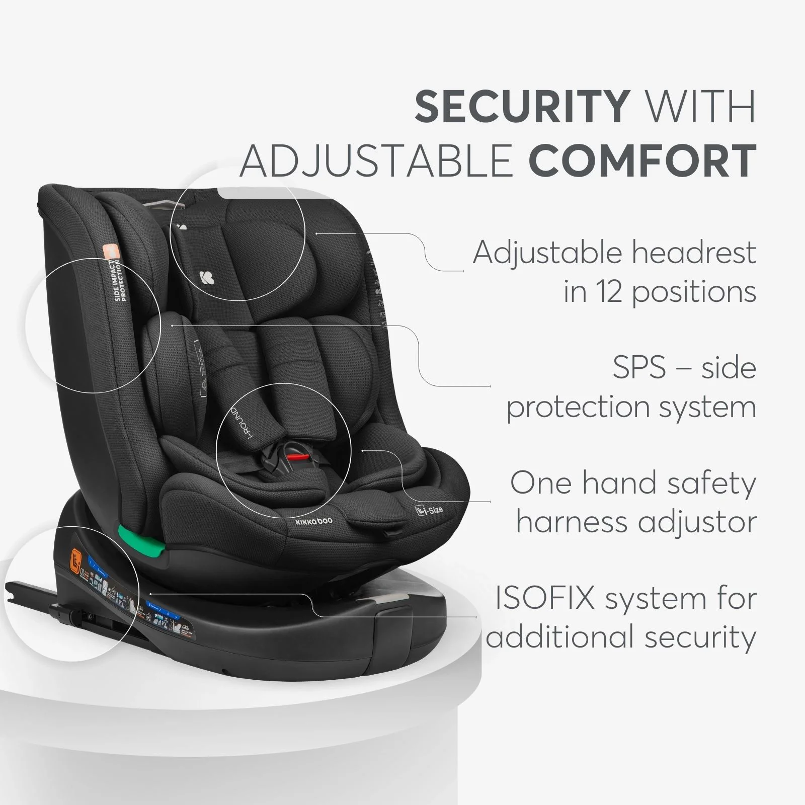 Scaun auto cu isofix i-Size KikkaBoo i-Round Black, 40-150 cm foto