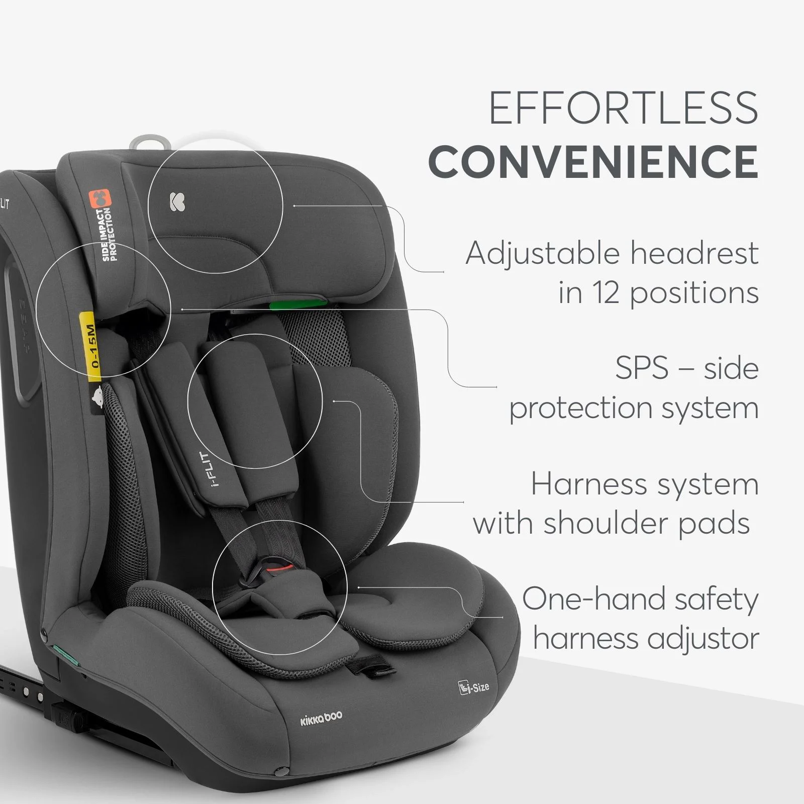 Автокресло KikkaBoo i-Flit Dark Grey i-Size, 76-150 см foto