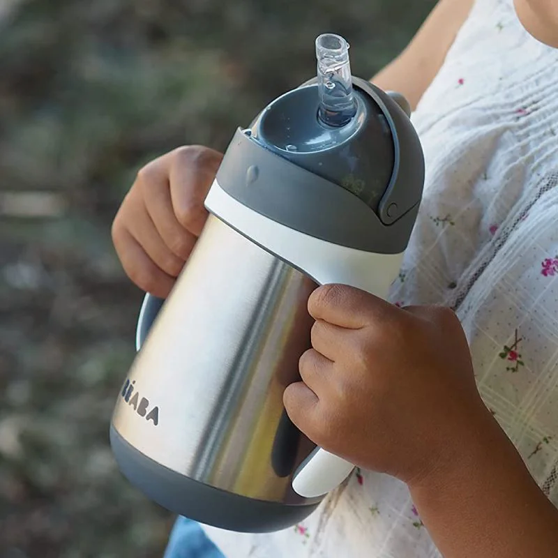 Cana din inox cu pai Beaba Mineral Grey, 250 ml foto
