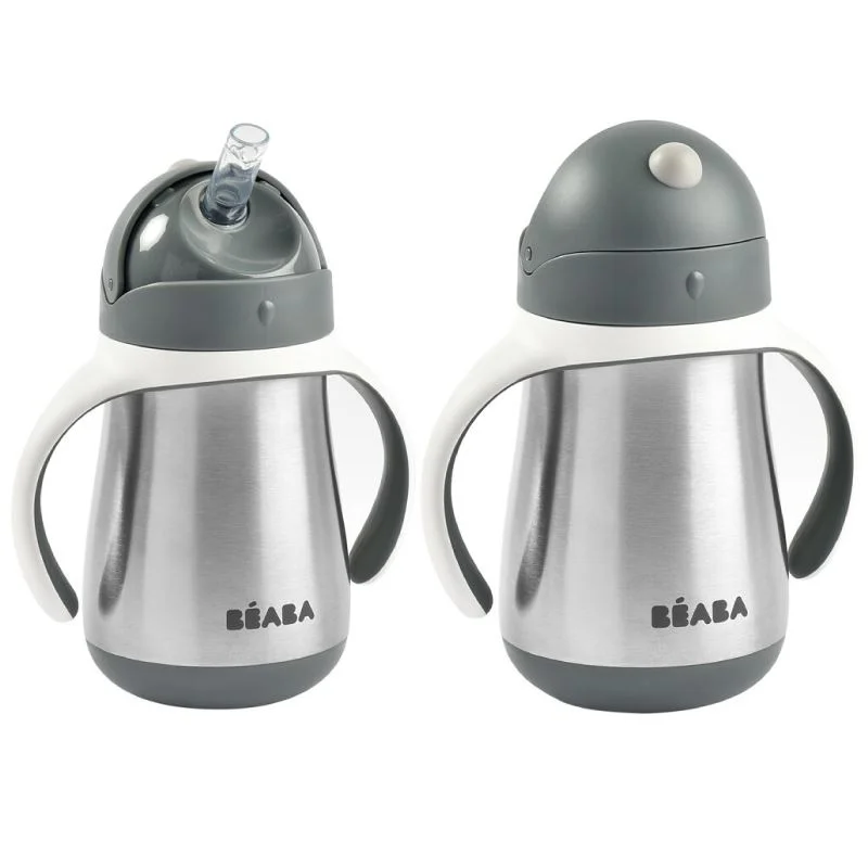 Cana din inox cu pai Beaba Mineral Grey, 250 ml foto