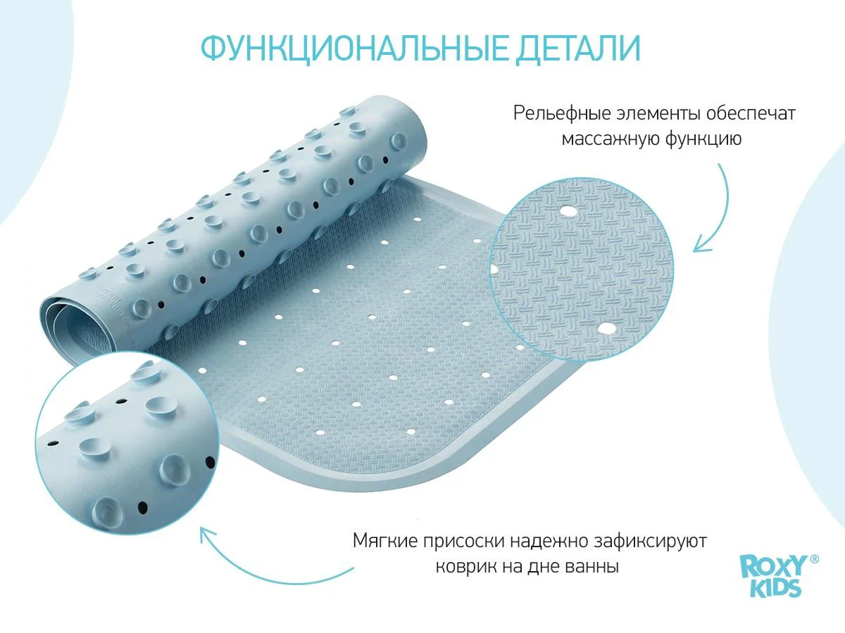 Коврик противоскользящий резиновый для ванной с отверстиями Roxy Kids Blue, 34.5x76 см foto