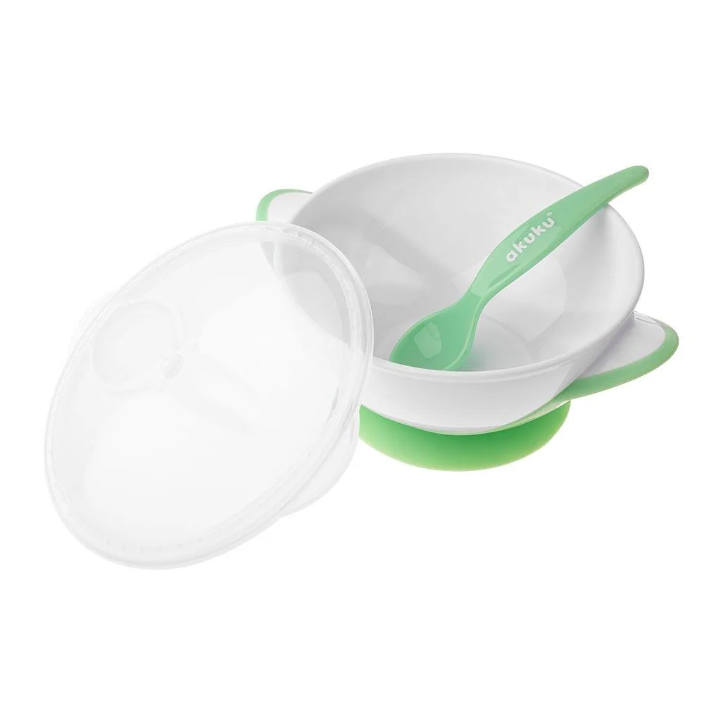 Bol cu ventuza, capac si lingurita Akuku White&Green foto