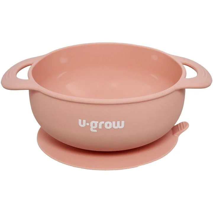 Set din silicon: baveta, bol, farfurie, lingurita si furculita U-Grow Pink, 5 piese foto