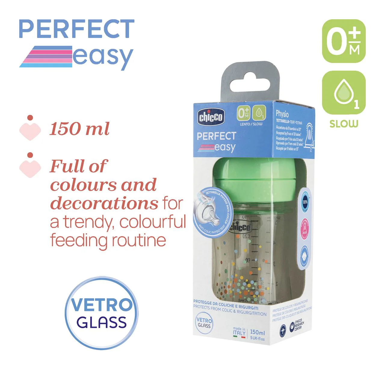 Стеклянная антиколиковая бутылочка Chicco Perfect Easy, медленный поток (0+ мес.), 150 мл foto
